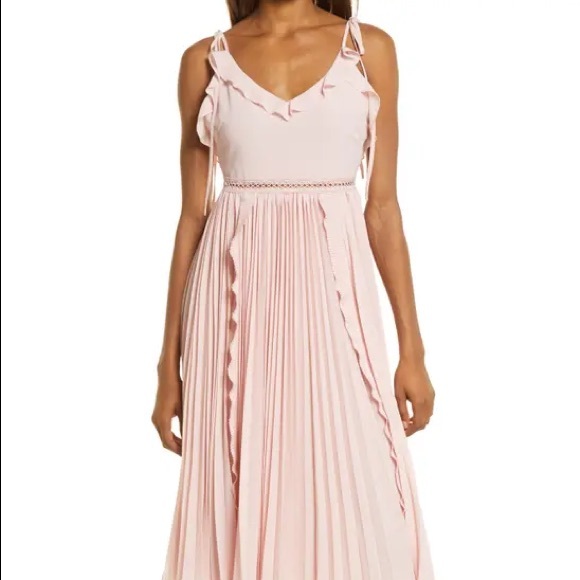 NWOT Lulu’s Never A Dull Moment Pink Chiffon A-line Pleated Tie-Strap Midi Dress - Picture 2 of 9